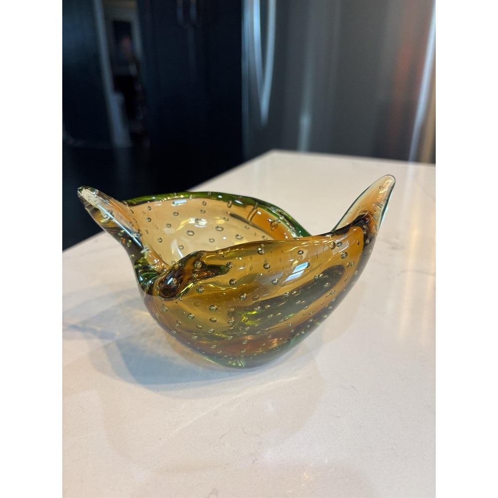 Murano Art Glass Bowl Green Amber Bullicante Controlled Bubble Dish